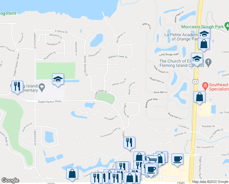 map of restaurants, bars, coffee shops, grocery stores, and more near 1817 Shady Grove Lane in Fleming Island