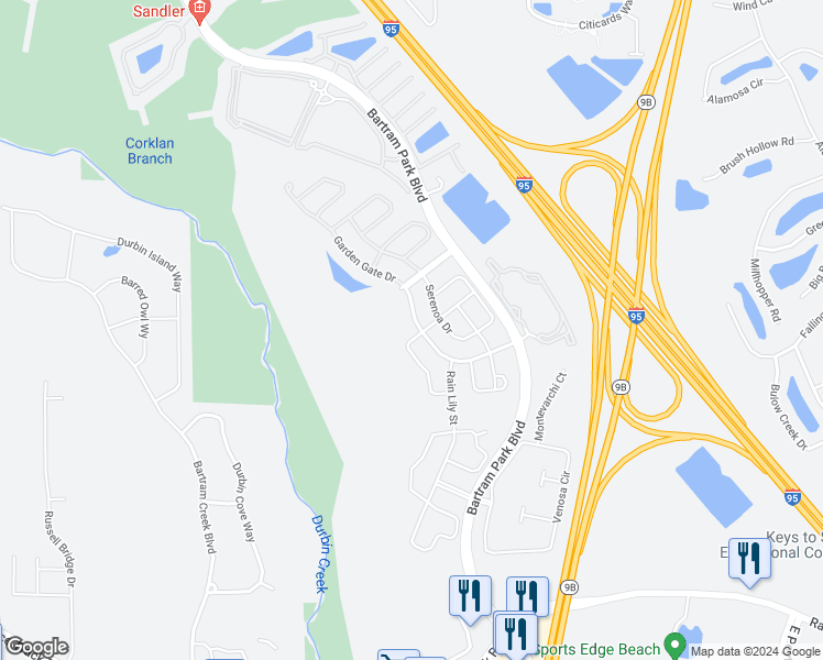 map of restaurants, bars, coffee shops, grocery stores, and more near 14606 Garden Gate Drive in Jacksonville