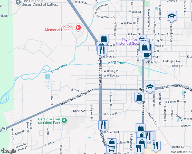 map of restaurants, bars, coffee shops, grocery stores, and more near 1007 West Spring Place in Perry