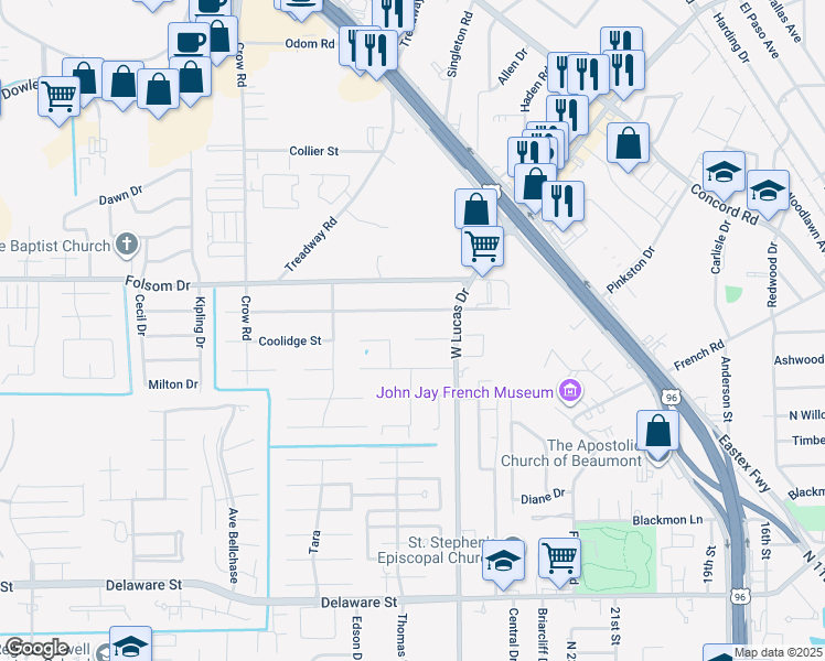 map of restaurants, bars, coffee shops, grocery stores, and more near 4335 Arthur Street in Beaumont