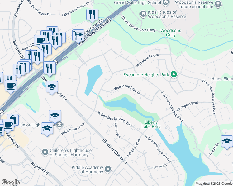 map of restaurants, bars, coffee shops, grocery stores, and more near 28426 Woodsons Lake Drive in Spring