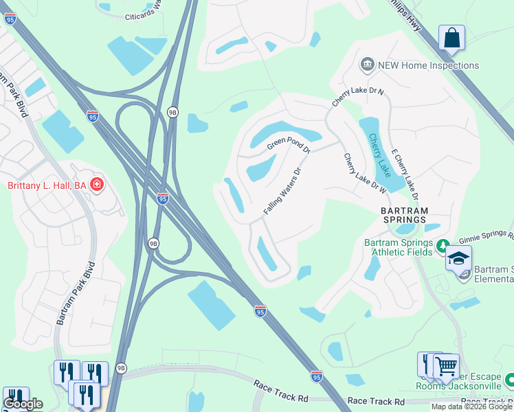 map of restaurants, bars, coffee shops, grocery stores, and more near 14631 Millhopper Road in Jacksonville