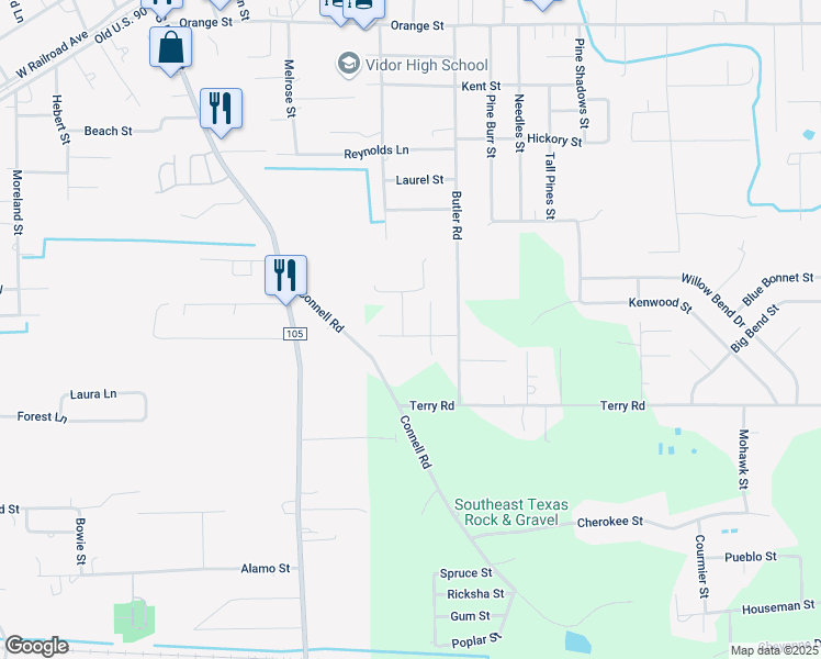 map of restaurants, bars, coffee shops, grocery stores, and more near 1140 Liberty Street in Vidor