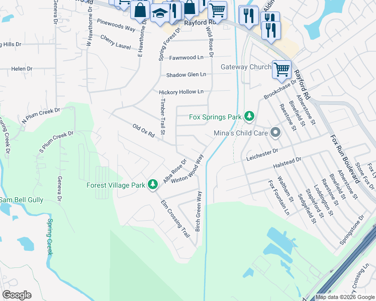 map of restaurants, bars, coffee shops, grocery stores, and more near 2331 Old Ox Road in Spring