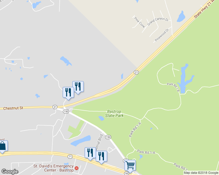 map of restaurants, bars, coffee shops, grocery stores, and more near 210 Highway 21 in Bastrop