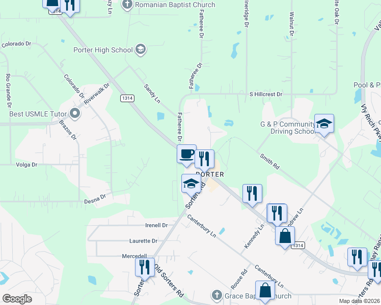 map of restaurants, bars, coffee shops, grocery stores, and more near 23077 Farm to Market Road 1314 in Montgomery County