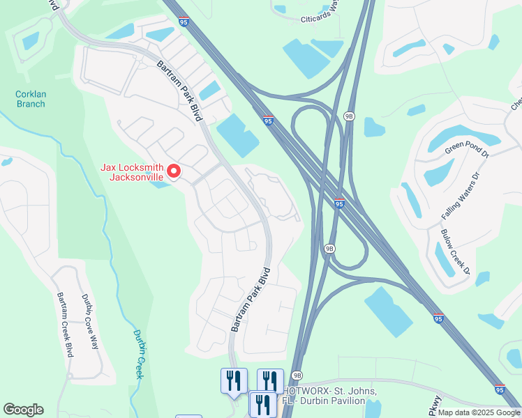 map of restaurants, bars, coffee shops, grocery stores, and more near 14599 Bartram Park Boulevard in Jacksonville