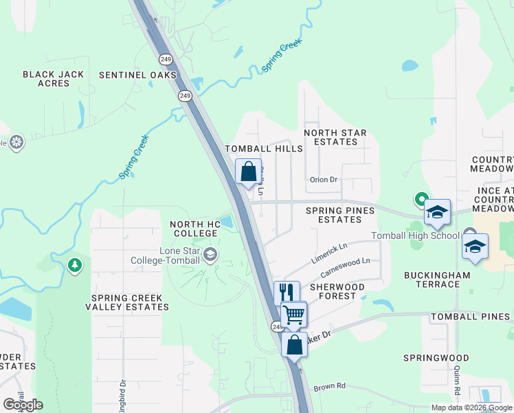 map of restaurants, bars, coffee shops, grocery stores, and more near 31203 Stella Lane in Tomball