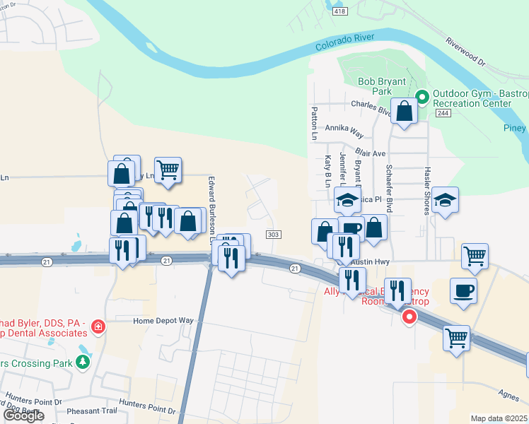 map of restaurants, bars, coffee shops, grocery stores, and more near 142 Settlement Drive in Bastrop