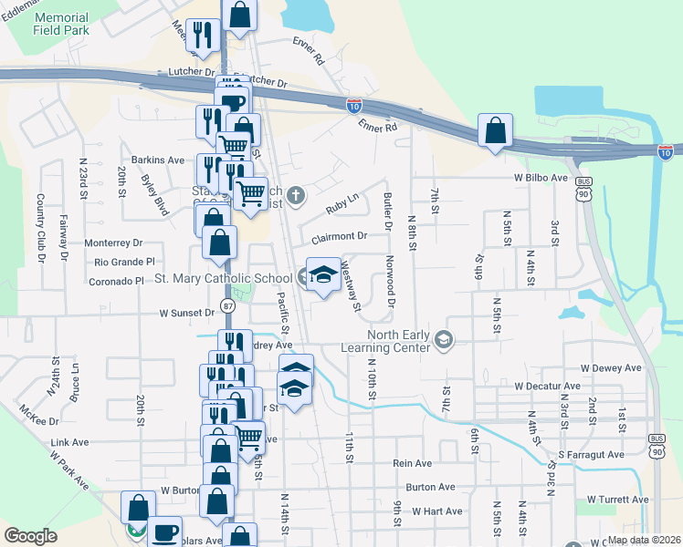 map of restaurants, bars, coffee shops, grocery stores, and more near 1200 Palm Drive in Orange