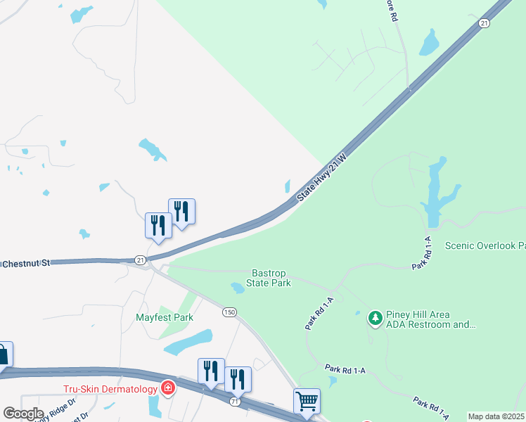 map of restaurants, bars, coffee shops, grocery stores, and more near 216 Texas 21 in Bastrop
