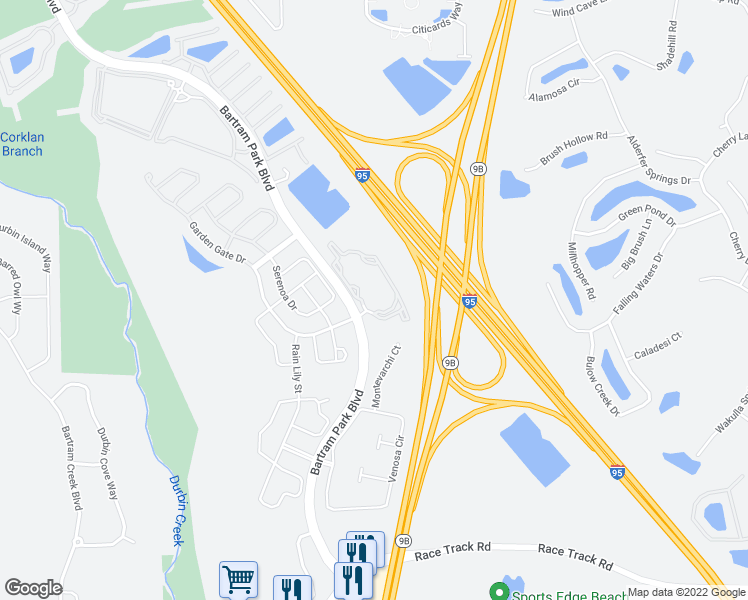 map of restaurants, bars, coffee shops, grocery stores, and more near 14701 Bartram Park Boulevard in Jacksonville