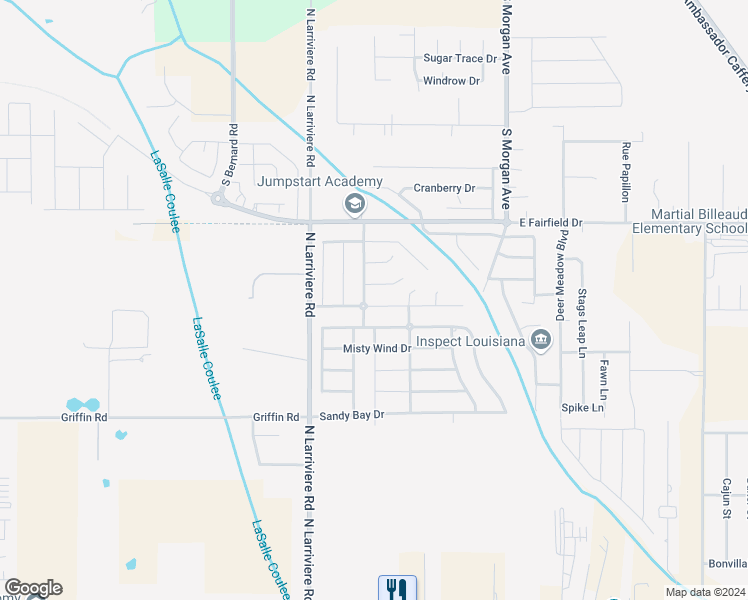 map of restaurants, bars, coffee shops, grocery stores, and more near 403 Birchview Drive in Broussard