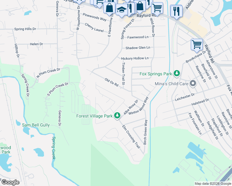 map of restaurants, bars, coffee shops, grocery stores, and more near 2281 Garden Square Path in Spring