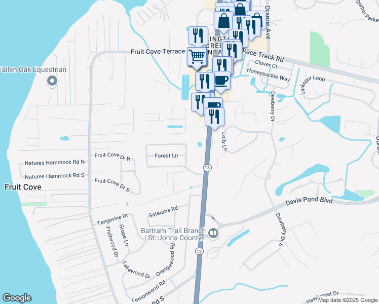 map of restaurants, bars, coffee shops, grocery stores, and more near 691 Fruit Cove Forest Road East in Saint Johns