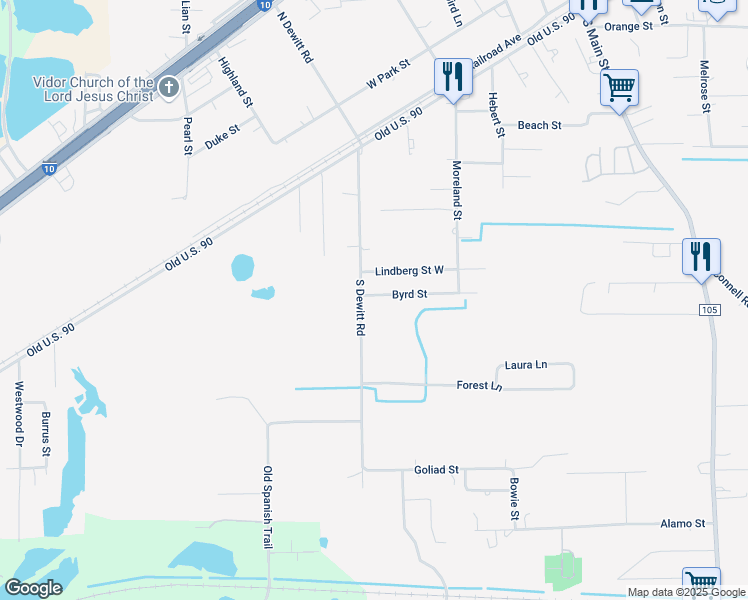 map of restaurants, bars, coffee shops, grocery stores, and more near 680 Byrd Street in Vidor