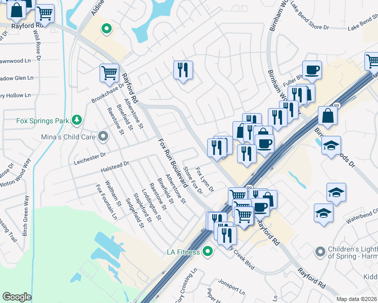 map of restaurants, bars, coffee shops, grocery stores, and more near 2735 Spring Colony Drive in Spring