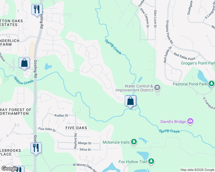 map of restaurants, bars, coffee shops, grocery stores, and more near 4919 Creekside Haven Trail in Spring