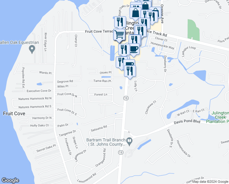 map of restaurants, bars, coffee shops, grocery stores, and more near 691 Fruit Cove Forest Road East in Jacksonville