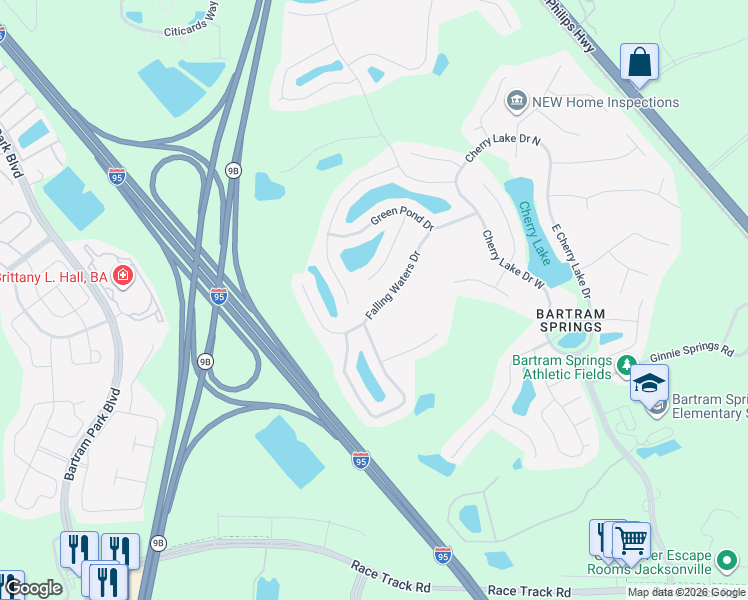 map of restaurants, bars, coffee shops, grocery stores, and more near 14573 Big Brush Lane in Jacksonville