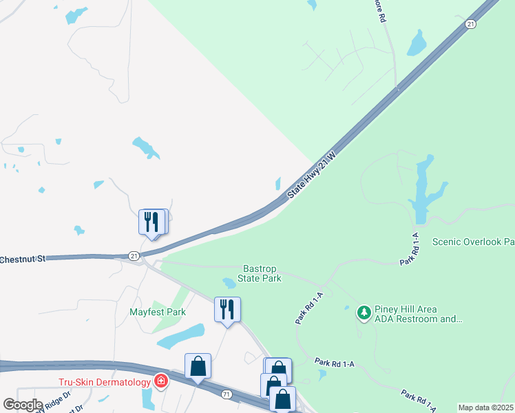 map of restaurants, bars, coffee shops, grocery stores, and more near 216 Texas 21 in Bastrop