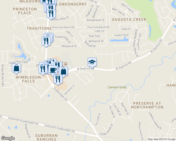 map of restaurants, bars, coffee shops, grocery stores, and more near 8411 Misty Mountain Trail Lane in Spring