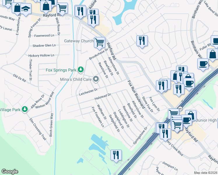 map of restaurants, bars, coffee shops, grocery stores, and more near 2722 Leichester Drive in Spring