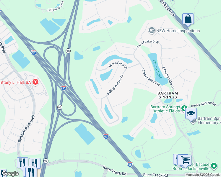 map of restaurants, bars, coffee shops, grocery stores, and more near 14618 Falling Waters Drive in Jacksonville