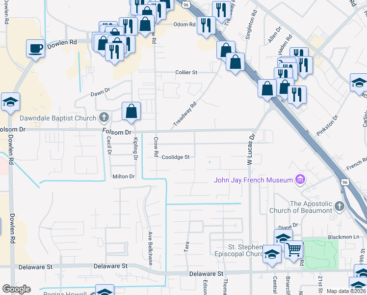 map of restaurants, bars, coffee shops, grocery stores, and more near 4655 Arthur Lane in Beaumont