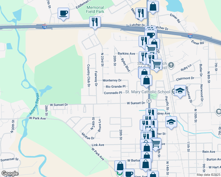 map of restaurants, bars, coffee shops, grocery stores, and more near 2217 Rio Grande Place in Orange