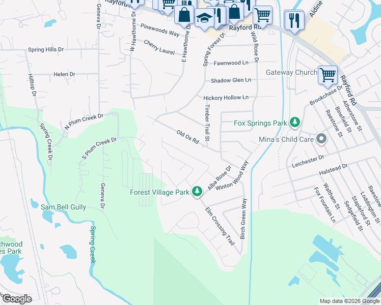 map of restaurants, bars, coffee shops, grocery stores, and more near 2281 Garden Square Path in Spring