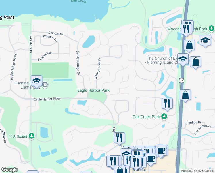 map of restaurants, bars, coffee shops, grocery stores, and more near 1591 Shelter Cove Drive in Orange Park