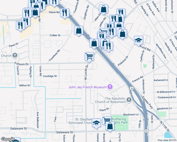 map of restaurants, bars, coffee shops, grocery stores, and more near 4173 Arthur Street in Beaumont