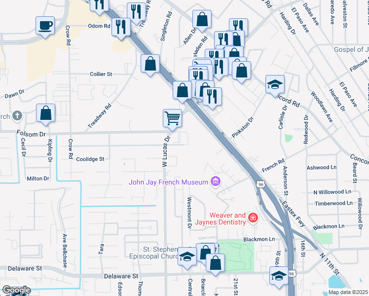 map of restaurants, bars, coffee shops, grocery stores, and more near 4115 Arthur Street in Beaumont