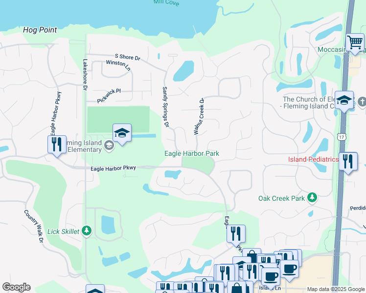 map of restaurants, bars, coffee shops, grocery stores, and more near 1599 Lake Bend Place in Orange Park