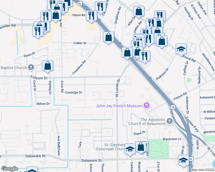 map of restaurants, bars, coffee shops, grocery stores, and more near 4335 Arthur Street in Beaumont