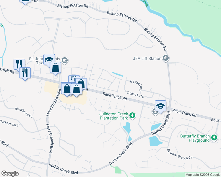 map of restaurants, bars, coffee shops, grocery stores, and more near 258 Beech Brook Street in Jacksonville