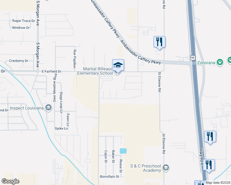 map of restaurants, bars, coffee shops, grocery stores, and more near 101-299 Marteau Road in Broussard