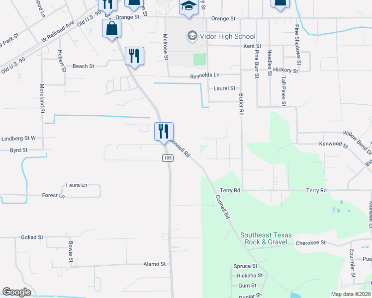 map of restaurants, bars, coffee shops, grocery stores, and more near 345 Cornell Road in Vidor