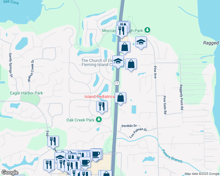 map of restaurants, bars, coffee shops, grocery stores, and more near 1624 Royal Fern Lane in Orange Park