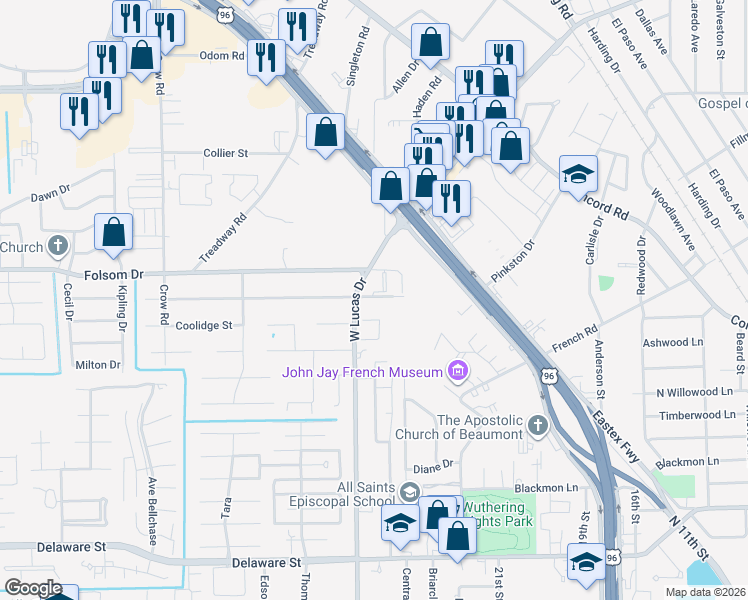 map of restaurants, bars, coffee shops, grocery stores, and more near 4183 Arthur Lane in Beaumont
