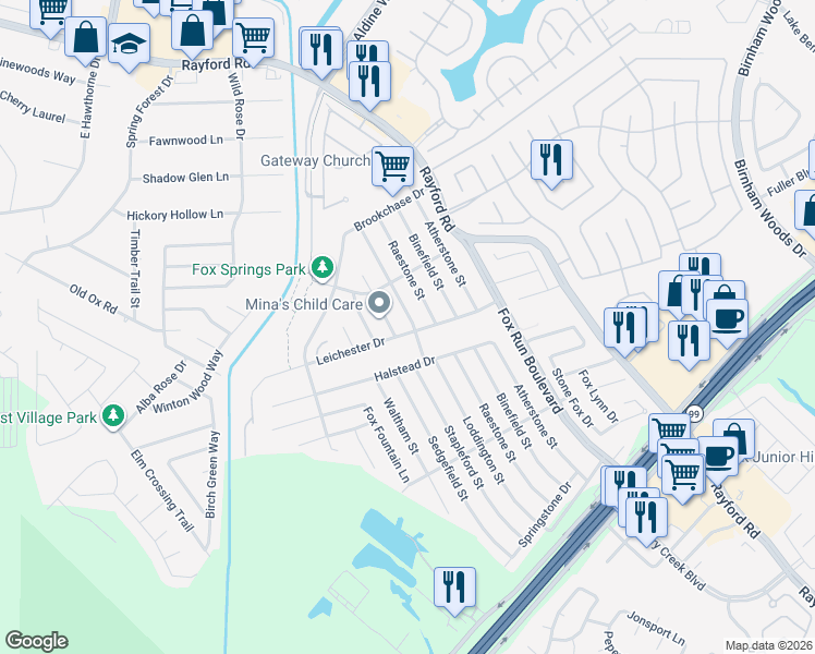 map of restaurants, bars, coffee shops, grocery stores, and more near 29303 Loddington Street in Spring