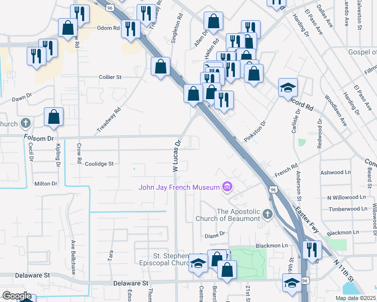 map of restaurants, bars, coffee shops, grocery stores, and more near 4115 Arthur Street in Beaumont