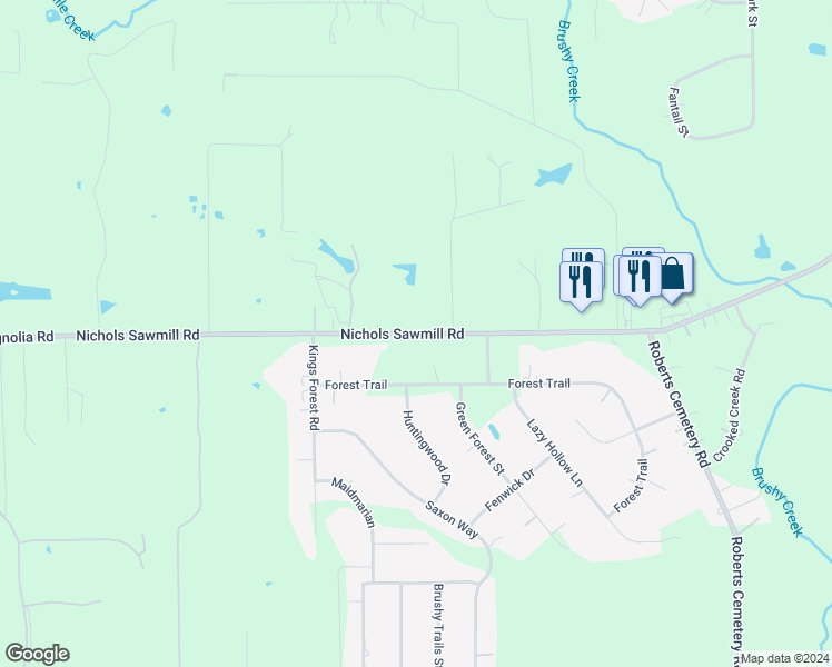 map of restaurants, bars, coffee shops, grocery stores, and more near 23403 Nichols Sawmill Road in Hockley