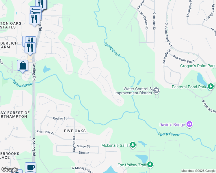 map of restaurants, bars, coffee shops, grocery stores, and more near 4919 Creekside Haven Trail in Spring