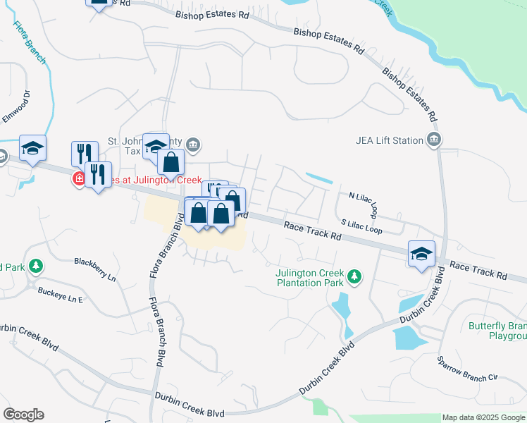 map of restaurants, bars, coffee shops, grocery stores, and more near 301 Redwood Lane in Jacksonville