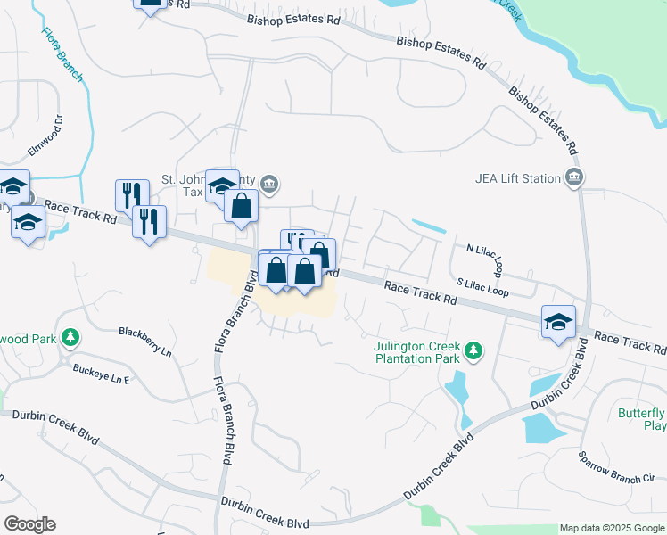 map of restaurants, bars, coffee shops, grocery stores, and more near 2785 Race Track Road in Saint Johns