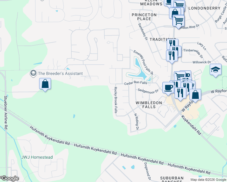 map of restaurants, bars, coffee shops, grocery stores, and more near 24227 Rocky Brook Falls in Tomball
