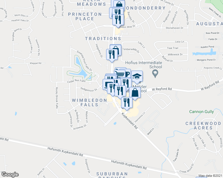 map of restaurants, bars, coffee shops, grocery stores, and more near 24216 Kuykendahl Road in Tomball