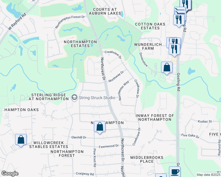 map of restaurants, bars, coffee shops, grocery stores, and more near 24302 Northcrest Dr in Spring